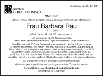 Traueranzeige von Barbara Rau von NWZ Neue Württembergische Zeitung