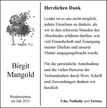 Traueranzeige von Birgit Mangold von SÜDWEST PRESSE Ausgabe Ulm/Neu-Ulm