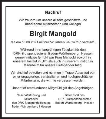 Traueranzeige von Birgit Mangold von SÜDWEST PRESSE Ausgabe Ulm/Neu-Ulm