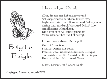 Traueranzeige von Brigitte Faigle von Metzinger-Uracher Volksblatt