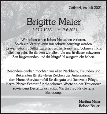 Traueranzeige von Brigitte Maier von Rundschau Gaildorf