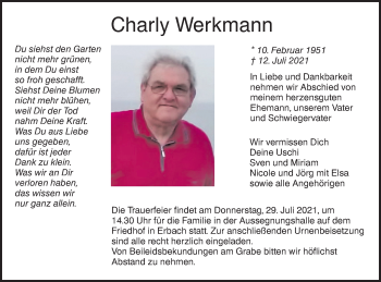 Traueranzeige von Charly Werkmann von SÜDWEST PRESSE Ausgabe Ulm/Neu-Ulm