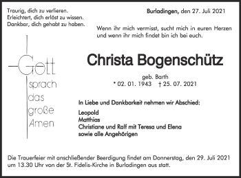 Traueranzeige von Christa Bogenschütz von Metzinger-Uracher Volksblatt