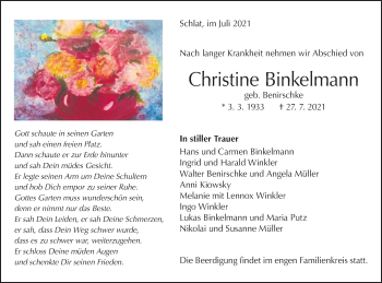 Traueranzeige von Christine Binkelmann von NWZ Neue Württembergische Zeitung