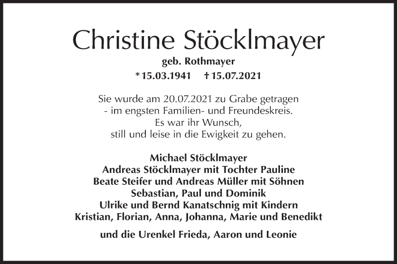  Traueranzeige für Christine Stöcklmayer vom 28.07.2021 aus Hohenloher Tagblatt