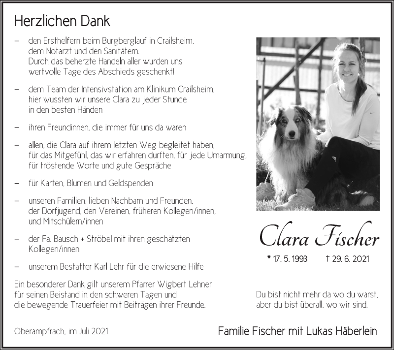  Traueranzeige für Clara Fischer vom 17.07.2021 aus Hohenloher Tagblatt