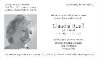 Traueranzeige von Claudia Rueß von Alb-Bote/Metzinger-Uracher Volksblatt