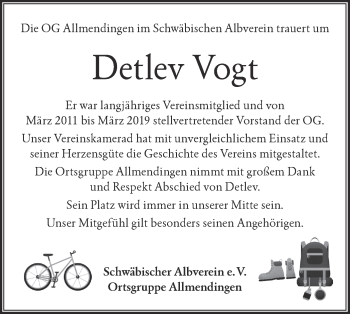 Traueranzeige von Detlev Vogt von Ehinger Tagblatt