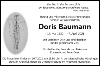 Traueranzeige von Doris Baumann von Alb-Bote/Metzinger-Uracher Volksblatt