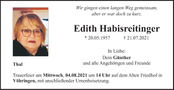 Traueranzeige von Edith Habisreitinger von SÜDWEST PRESSE Ausgabe Ulm/Neu-Ulm