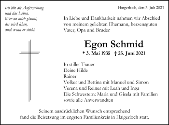 Traueranzeige von Egon Schmid von Metzinger-Uracher Volksblatt