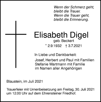 Traueranzeige von Elisabeth Digel von SÜDWEST PRESSE Ausgabe Ulm/Neu-Ulm