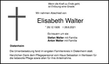 Traueranzeige von Elisabeth Walter von Illertal Bote