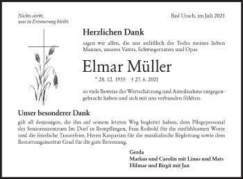 Traueranzeige von Elmar Müller von Metzinger-Uracher Volksblatt