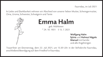 Traueranzeige von Emma Halm von NWZ Neue Württembergische Zeitung