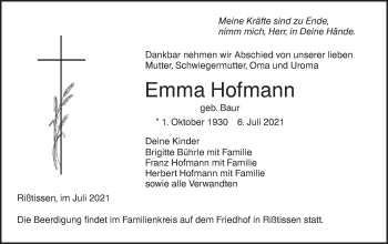 Traueranzeige von Emma Hofman von Ehinger Tagblatt