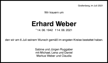 Traueranzeige von Erhard Weber von Metzinger-Uracher Volksblatt