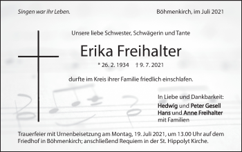 Traueranzeige von Erika Freihalter von Geislinger Zeitung