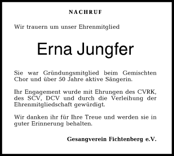 Traueranzeige von Erna Jungfer von Rundschau Gaildorf