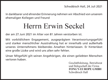 Traueranzeige von Erwin Seckel von Hohenloher Tagblatt