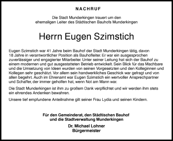 Traueranzeige von Eugen Szimstich von Ehinger Tagblatt