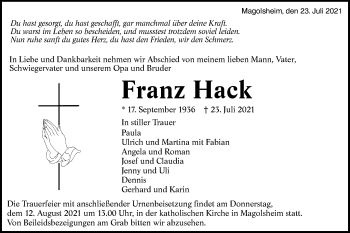 Traueranzeige von Franz Hack von Metzinger-Uracher Volksblatt