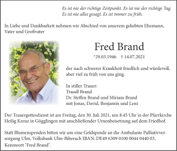 Traueranzeige von Fred Brand von SÜDWEST PRESSE Ausgabe Ulm/Neu-Ulm