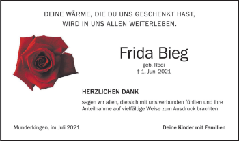 Traueranzeige von Frida Bieg von Ehinger Tagblatt