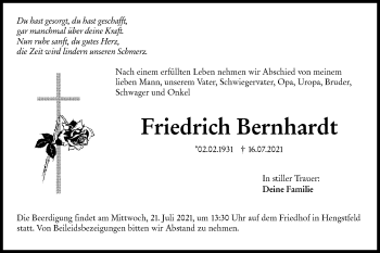 Traueranzeige von Friedrich Berhardt von Hohenloher Tagblatt