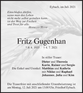 Traueranzeige von Fritz Gugenhan von Geislinger Zeitung