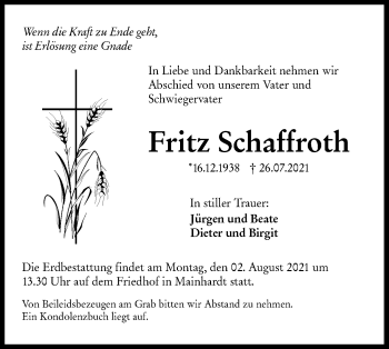 Traueranzeige von Fritz Schaffroth von Haller Tagblatt