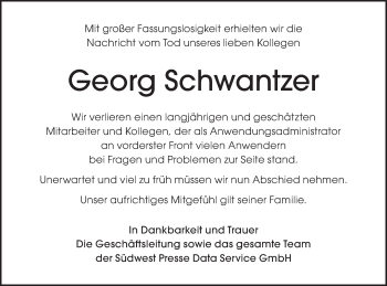 Traueranzeige von Georg Schwantzer von SÜDWEST PRESSE Ausgabe Ulm/Neu-Ulm