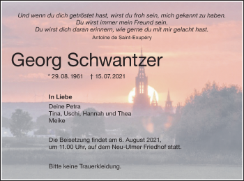 Traueranzeige von Georg Schwantzer von SÜDWEST PRESSE Ausgabe Ulm/Neu-Ulm