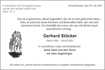 Traueranzeige von Gerhard Stöcker von Hohenloher Tagblatt