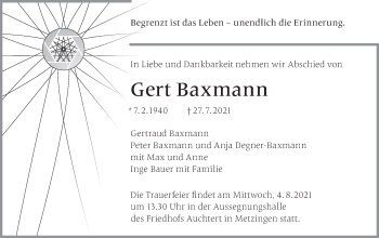 Traueranzeige von Gert Baxmann von Metzinger-Uracher Volksblatt