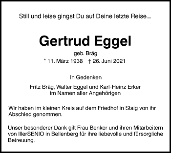 Traueranzeige von Gertrud Eggel von SÜDWEST PRESSE Ausgabe Ulm/Neu-Ulm