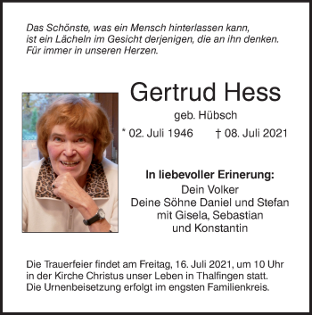 Traueranzeige von Gertrud Hess von SÜDWEST PRESSE Ausgabe Ulm/Neu-Ulm