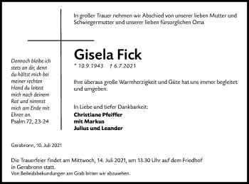 Traueranzeige von Gisela Fick von Hohenloher Tagblatt