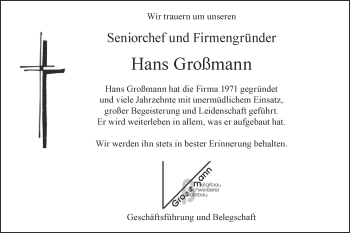 Traueranzeige von Hans Großmann von SÜDWEST PRESSE Ausgabe Ulm/Neu-Ulm