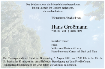 Traueranzeige von Hans Großmann von SÜDWEST PRESSE Ausgabe Ulm/Neu-Ulm