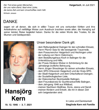 Traueranzeige von Hansjörg Kern von Metzinger-Uracher Volksblatt