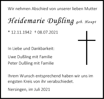 Traueranzeige von Heidemarie Dußling von SÜDWEST PRESSE Ausgabe Ulm/Neu-Ulm