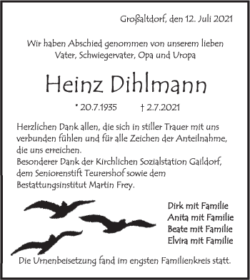 Traueranzeige von Heinz Dihlmann von Rundschau Gaildorf