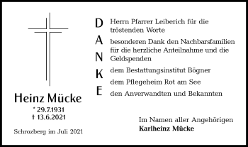 Traueranzeige von Heinz Mücke von Hohenloher Tagblatt