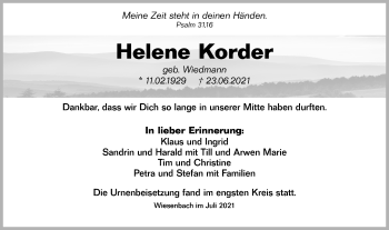 Traueranzeige von Helene Korder von Hohenloher Tagblatt