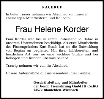 Traueranzeige von Helene Korder von Hohenloher Tagblatt