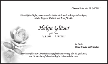 Traueranzeige von Helga Gläser von Haller Tagblatt