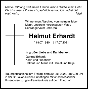 Traueranzeige von Helmut Erhardt von SÜDWEST PRESSE Ausgabe Ulm/Neu-Ulm