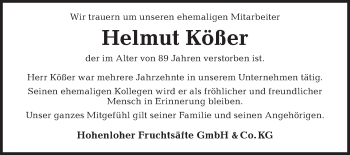 Traueranzeige von Helmut Kößer von Haller Tagblatt