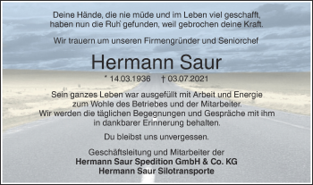 Traueranzeige von Hermann Saur von SÜDWEST PRESSE Ausgabe Ulm/Neu-Ulm